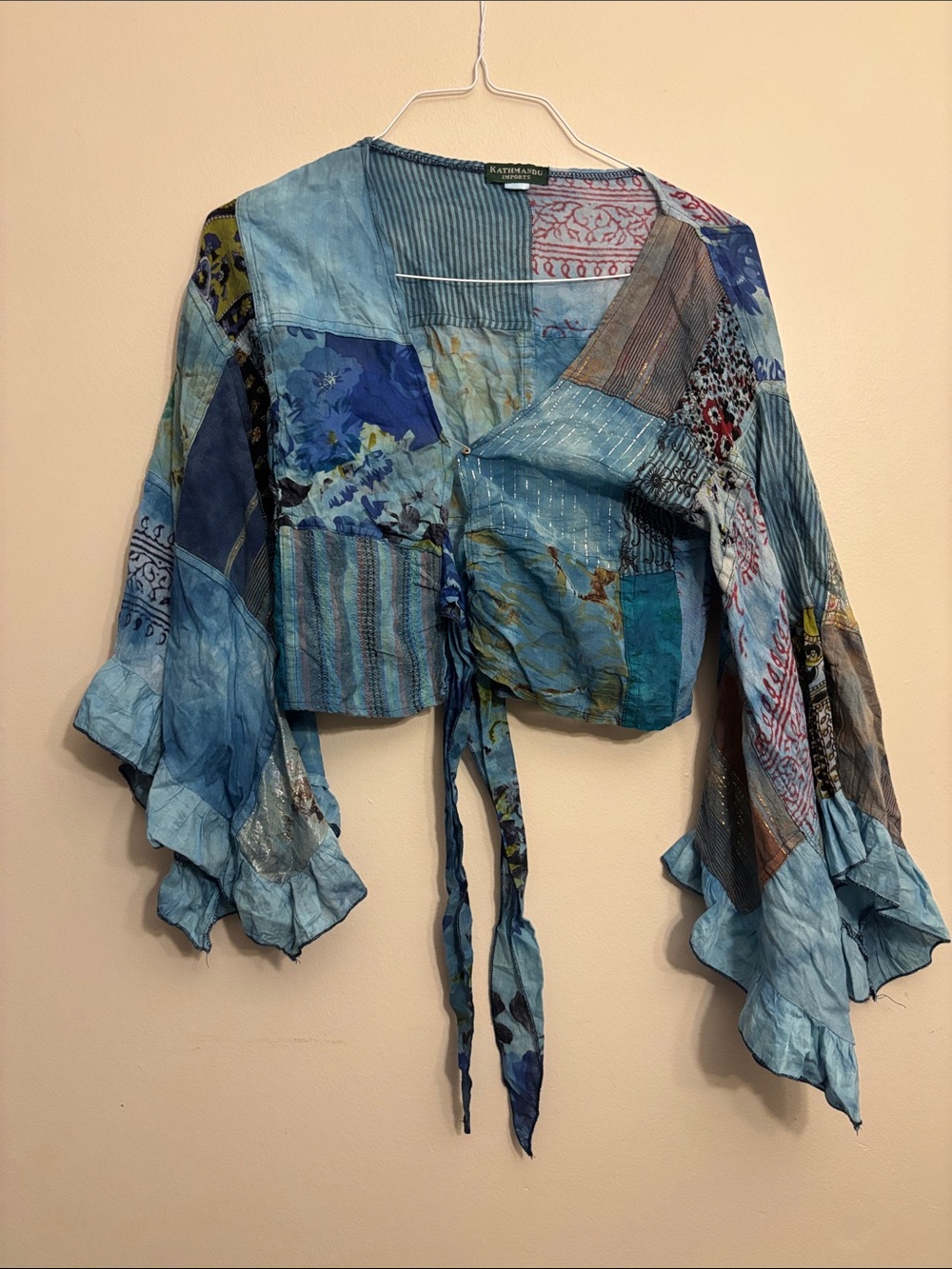 Patchwork Tie-Front Flutter Sleeve Blouse in Blue